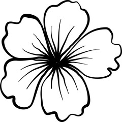 Obraz premium Elegant hibiscus blossom outline with five wavy petals, detailed stamens, bold black contours, botanical floral line art, minimal tropical bloom illustration, isolated on a transparent background.