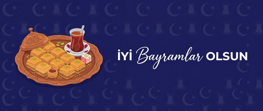 Turkish Baklava Tea Bayram Greeting vector banner with Iyi Bayramlar Olsun text for Ramadan Eid celebration festive background, traditional dessert plate, pistachio pastry and turkish delight graphic.