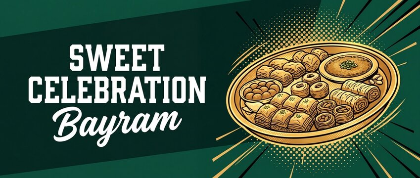 Turkish Baklava Sweet Bayram Celebration Platter Served for Eid Ramadan Holiday Greeting Banner Background in Vintage Pop Art Comic Illustration Style for Traditional Middle Eastern Festive Dessert