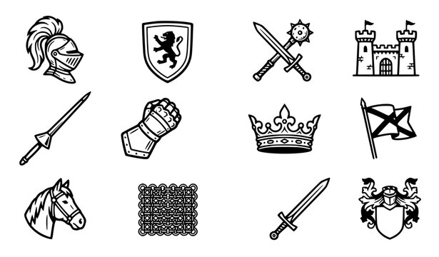 Medieval knight history icons set with helmets shields swords castle armor and heraldic symbols