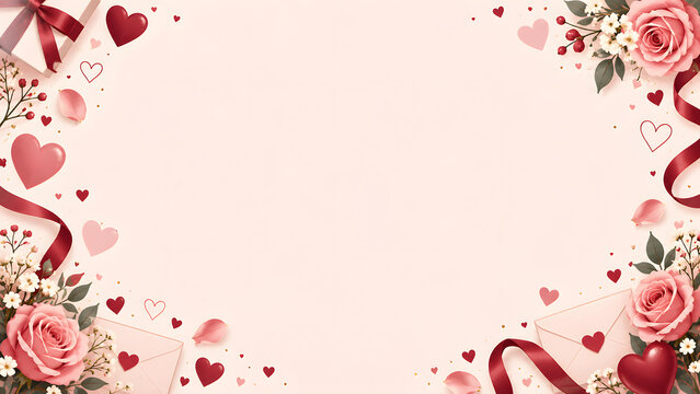 Romantic Valentine's Day background, pink floral frame with roses and hearts, elegant wedding invitation border with gift boxes