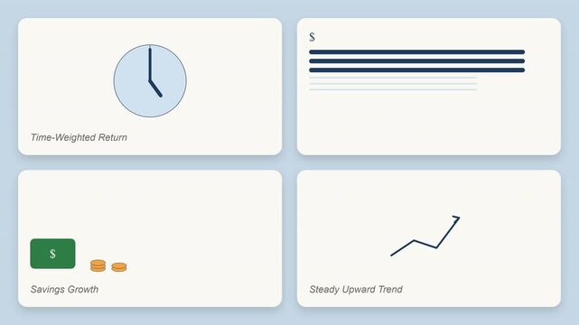 Minimalist financial dashboard widgets with clean icons representing savings growth and upward trend, concept for personal budget tracker, ideal for fintech app design and business presentations.