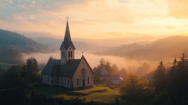 Ancient stone church steeple reaching toward a golden sunset sky, nestled within a misty, rolling mountain landscape