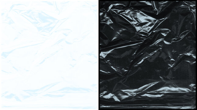 Crumpled plastic texture set, black and white wrinkled cellophane background, glossy polyethylene film overlay for graphic design