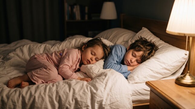 Two young siblings sleeping peacefully in bed at night