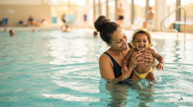 Mother and baby enjoying a happy swim together in a bright indoor pool