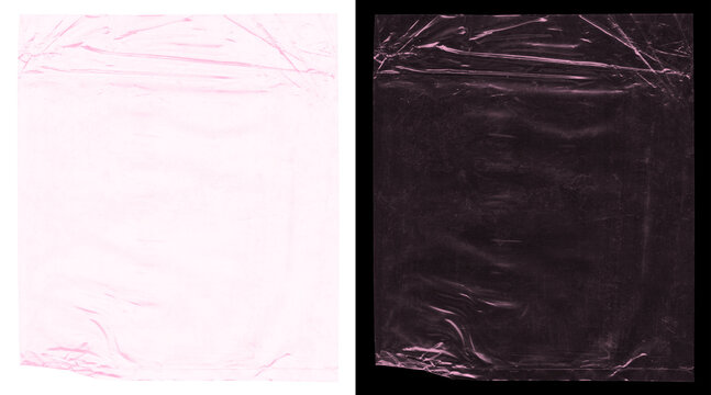 Crumpled plastic wrap texture, pink transparent cellophane overlay, wrinkled cling film background for product mockups and graphic design