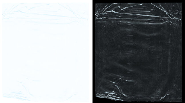 Crumpled plastic texture overlay, wrinkled transparent film background, high contrast black and white plastic wrap surface for graphic design