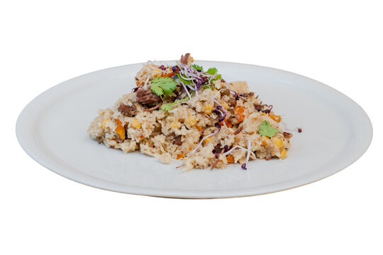 Savory gourmet risotto with fresh sprouts and cilantro garnish
