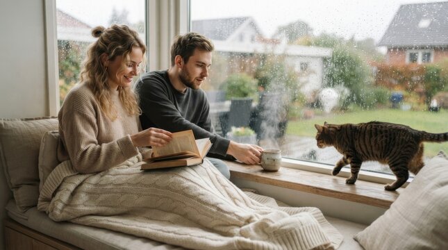 Cozy couple reading a book and drinking tea on a rainy day with their cat