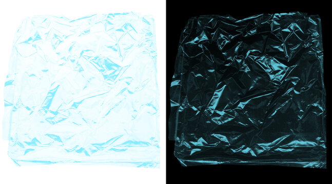 Crumpled plastic wrap texture, transparent cellophane film overlay, wrinkled polyethylene material on black and white backgrounds