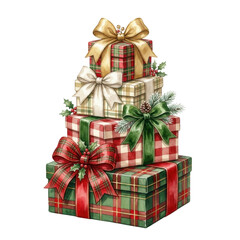 Naklejka premium Stack of festive Christmas gift boxes with ribbons and holly accents