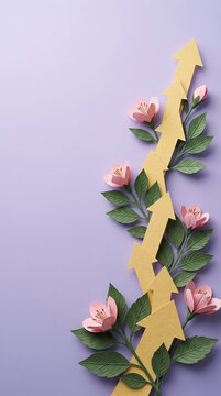 Yellow arrows rise alongside pink flowers and green leaves, symbolizing growth and success, suitable for business or motivational concepts, with free space.