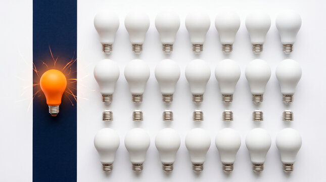 A single orange light bulb glows brightly, symbolizing innovation and uniqueness amidst a row of plain white bulbs, representing new ideas and distinction