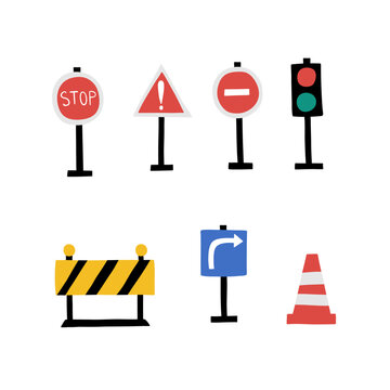 Hand drawn collection of road traffic signs including stop, warning, no entry, traffic lights, construction barrier, turn direction sign and safety cone isolated on white.