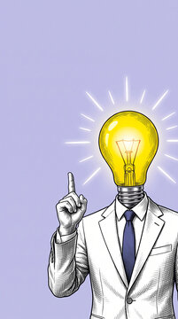 A man in a suit with a lit lightbulb for a head, symbolizing inspiration and new ideas, ideal for business concepts