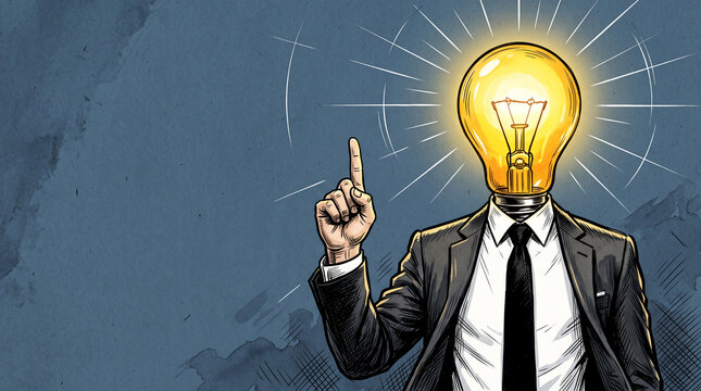 Man with glowing lightbulb head pointing finger up, symbolizing creativity, inspiration, and ideas, on textured blue background with free space