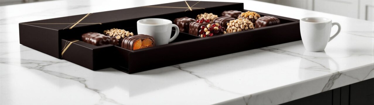 Assorted chocolates arranged with coffee cups on countertop