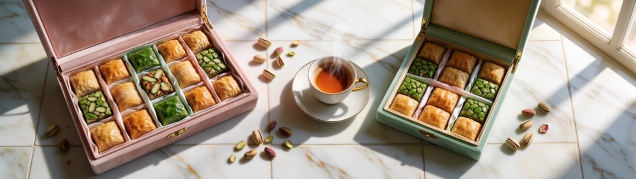 Gift boxes of assorted pastries displayed with tea on marble