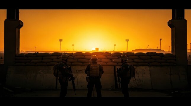 Three soldiers stand guard behind sandbag barricades at sunset. Armed military troops monitor an outpost during golden hour. Defense concept ideal for military and security projects.