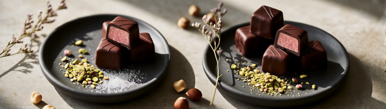 Chocolate pralines plated with crushed pistachios and salt
