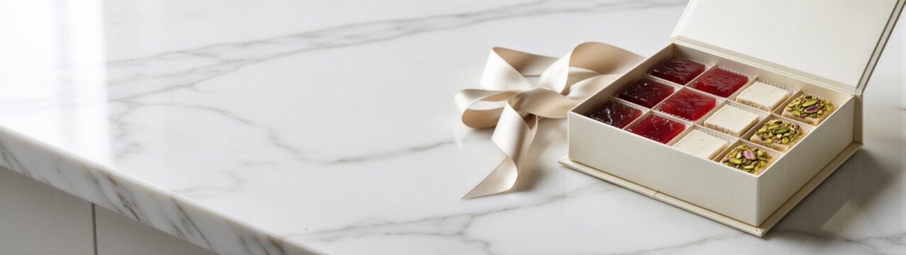 Assorted chocolate box displayed on marble countertop