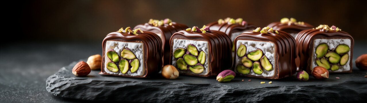Chocolate coated pistachio confections lined on slate board