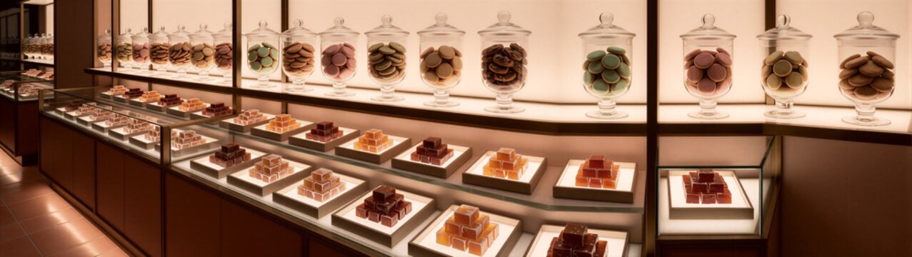 Assorted chocolate selection arranged in confectionery display