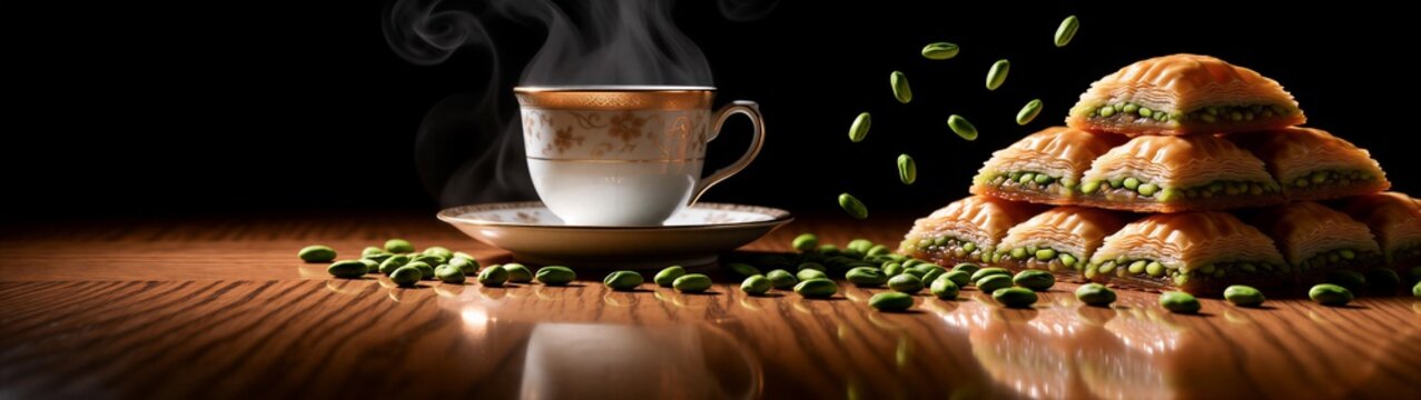 Steaming cup beside pistachio baklava stacked on table