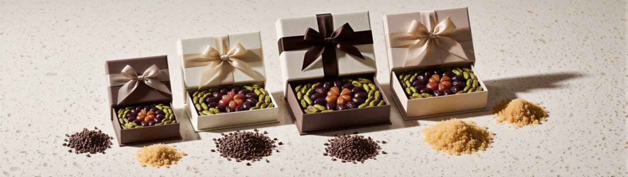 Gift boxes filled with assorted chocolate confections on counter