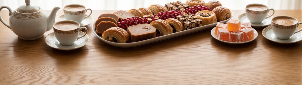 Tea cups with assorted cookies and confections on wooden table