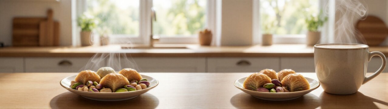 Steaming croissants served on countertop in bright kitchen