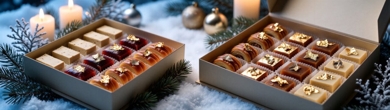 Assorted chocolate pralines arranged in festive setting