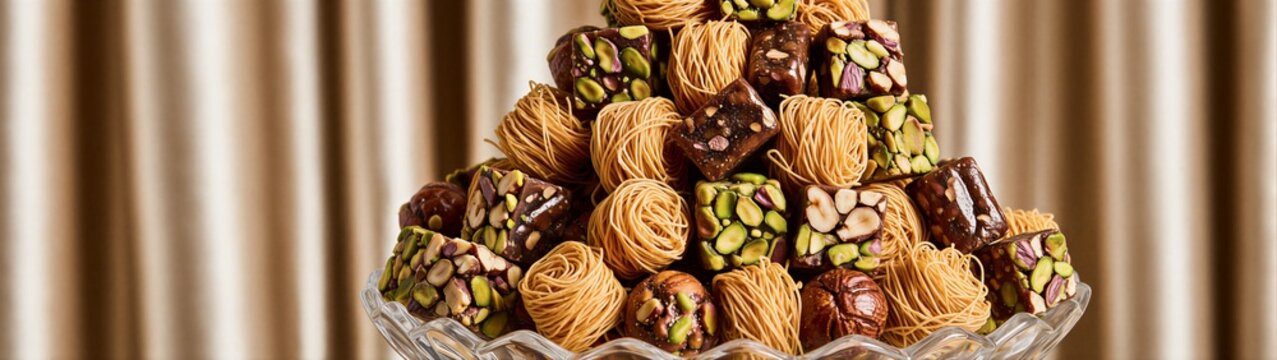 Assorted middle eastern sweets piled on glass pedestal
