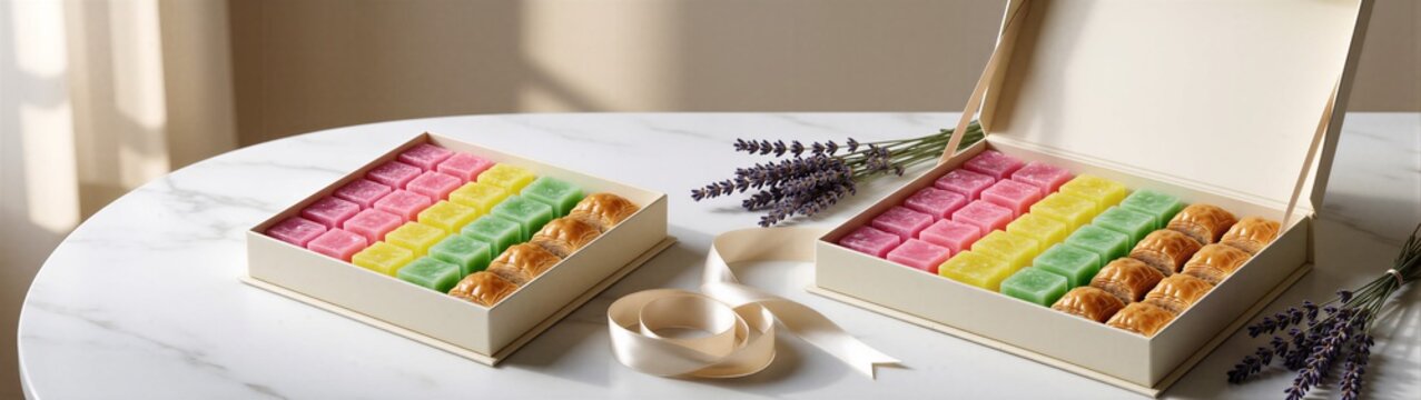 Colorful petit fours displayed in gift boxes on marble table