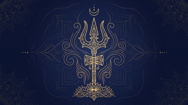 Golden Lord Shiva Trishula with Damaru on dark blue mandala background