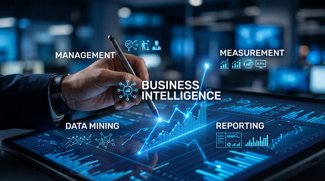 Digital interface showcasing business intelligence, with data charts, graphs, and management icons, representing analysis and strategy