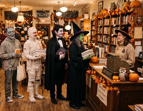 Friendly Halloween monsters carrying books while waiting in line at a cozy library checkout counter
