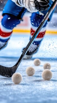 A close-up of a hockey stick striking the ice with pucks scattered around, capturing the energy of the game in a thrilling moment