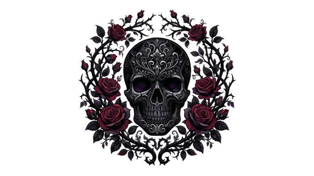Gothic Skull With Roses and Thorn Branches Halloween Black Red Purple Vector