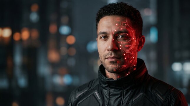 Futuristic man with glowing red cybernetic circuits covering half of his face in a dark technology setting