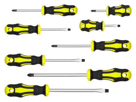 Ergonomic multi size screwdrivers bundle for comfortable manual labor and fixing. Useful construction asset banner for diy improvement and carpentry website