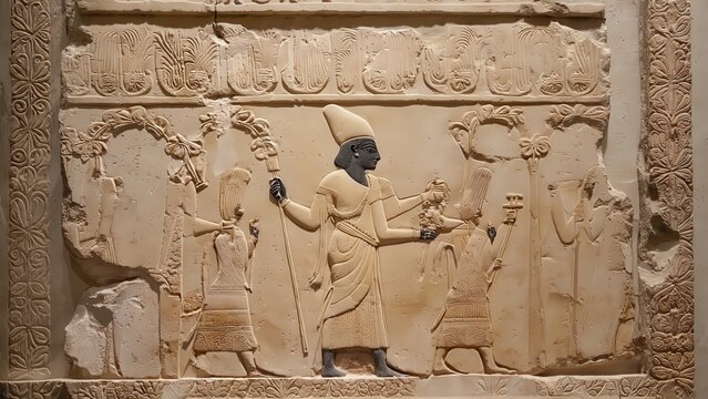 Assyrian Relief Depicting a Ruler or Noble Surrounded by Attendants and Symbolic Offerings, Ancient Art