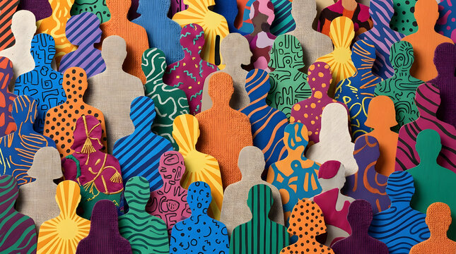 Multicolor paper human silhouettes representing a diverse crowd