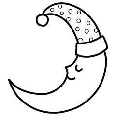 cartoon illustration outline of a crescent moon wearing a sleeping cap and sleeping  © GOOKKIK