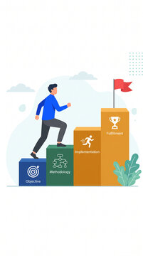 A flat illustration depicts a man climbing steps labeled Objective, Methodology, Implementation, and Fulfillment towards a red flag, symbolizing success and goal achievement.