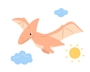 Cute pterodactyl in sky for kids. Flat cartoon dino character for nursery decor, children vector isolated illustration © Elena
