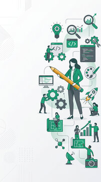 Illustrations of business concepts like analytics, coding, and strategy, symbolizing growth, innovation, and teamwork, representative of a startup's journey.