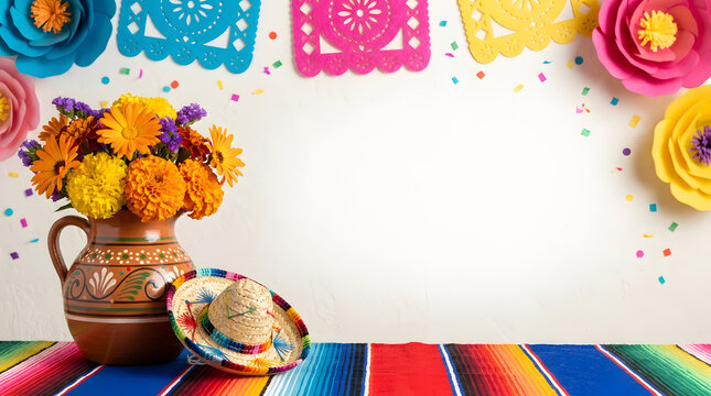 Mexican festive still life with marigold flowers and traditional decor
