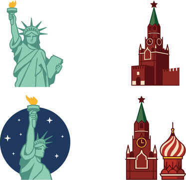 Global Famous Landmarks Vector Icon Sticker Set with Statue of Liberty USA and Moscow Kremlin Saint Basil Cathedral Russia Symbols
